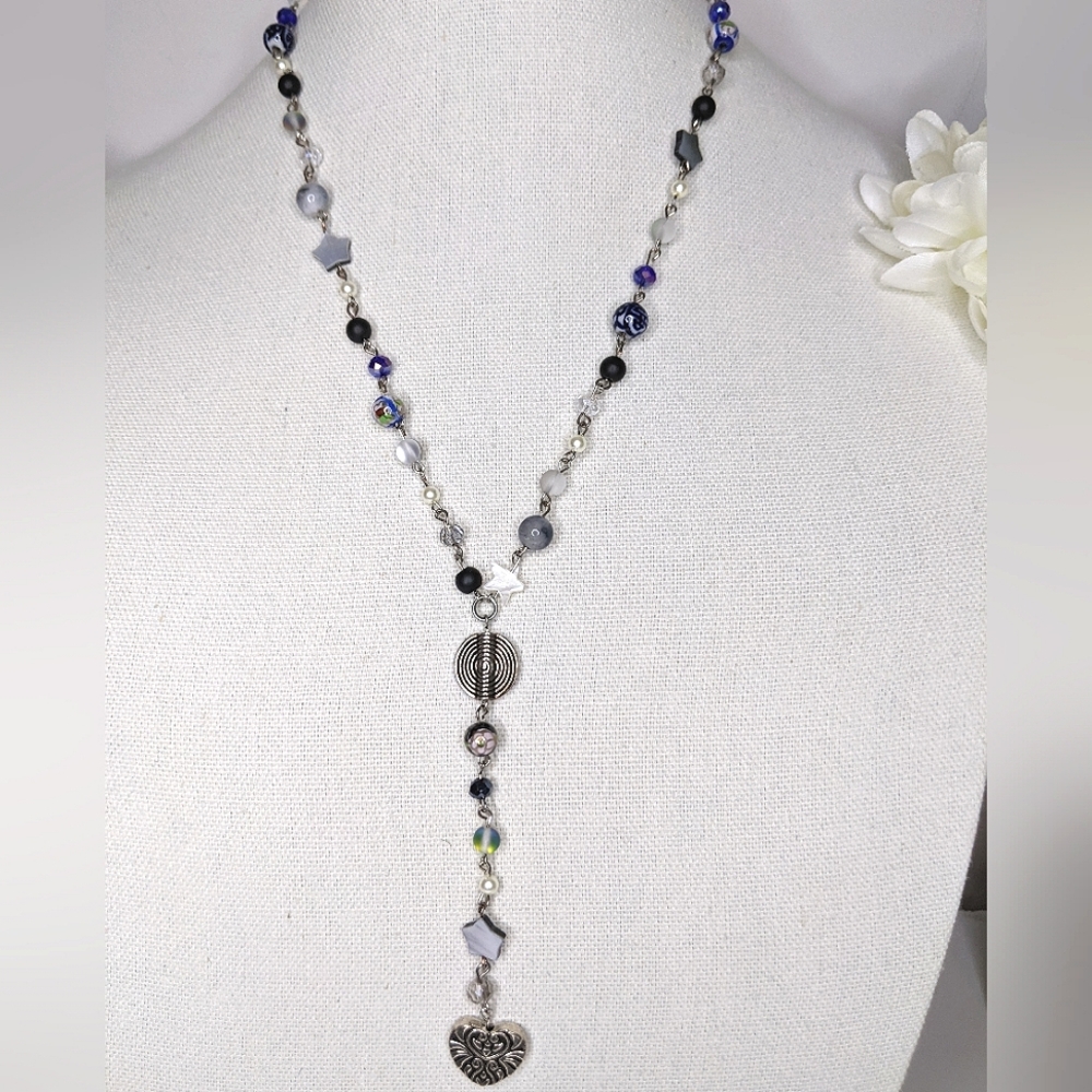 Long blue black and crystal beaded necklace. Handmade by me.